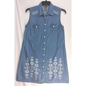 Bit & Bridle Dress Women M Chambray Blue White Aztec Western Denim Button Front
